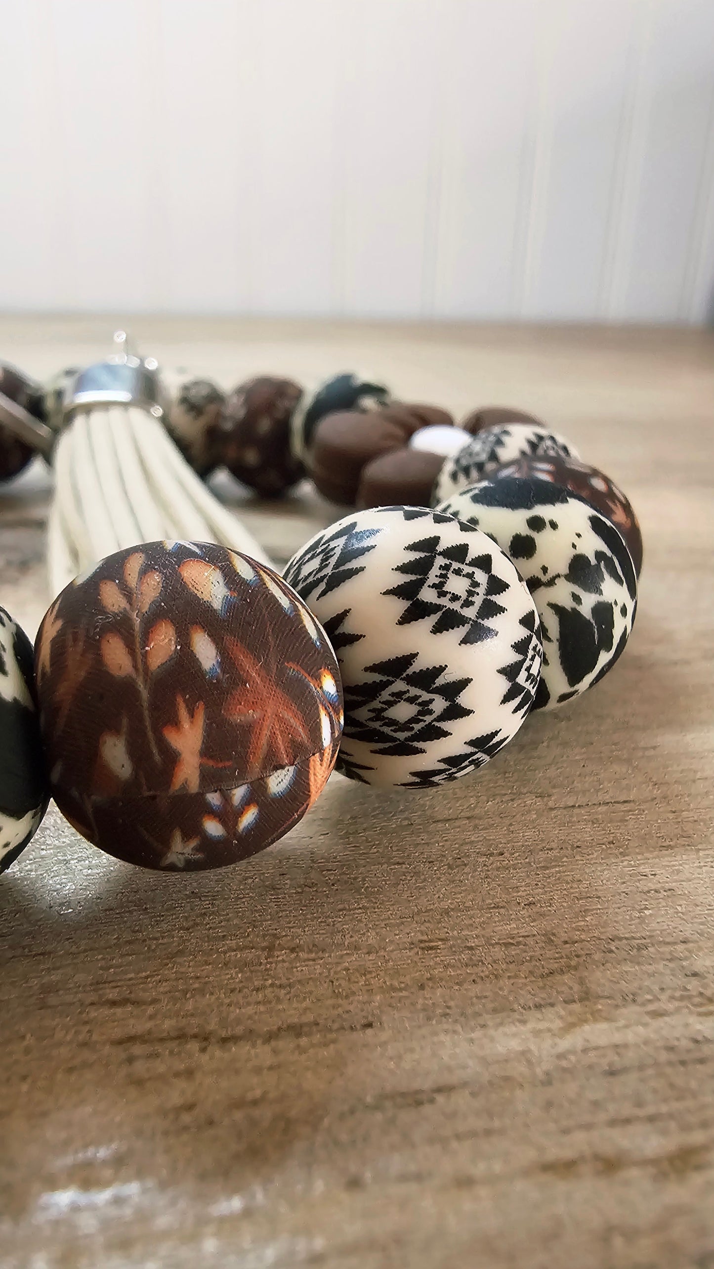 Western Cow Print Beaded Wristlet Keychain – Neutral Boho Bracelet Keychain with Tassel & Flower Charm | Handmade Wristlet Keychain Gift