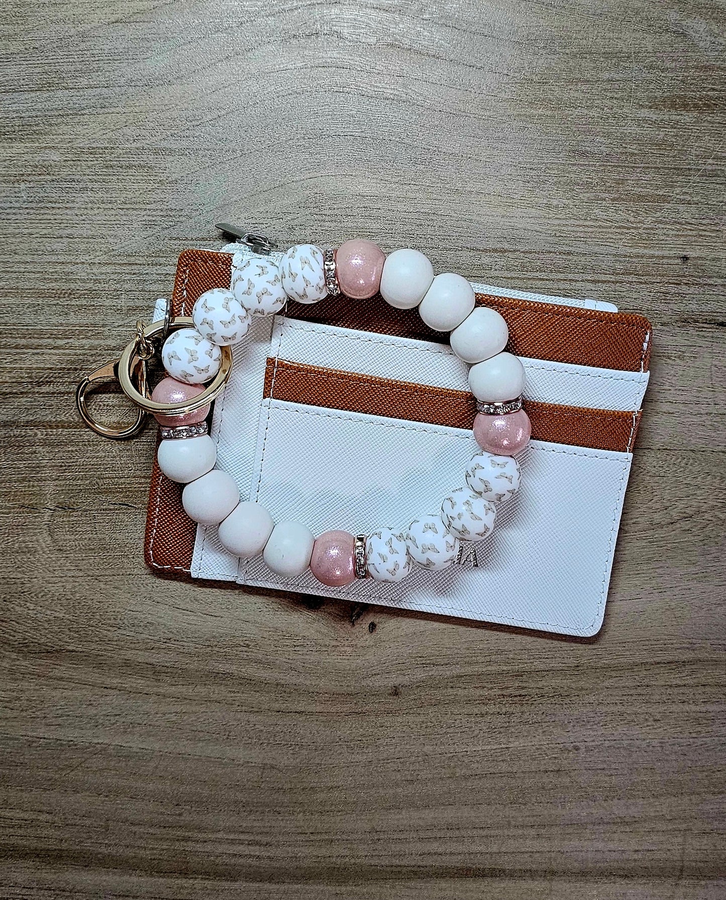 Blush & Ivory Beaded Wristlet with ID Wallet | Neutral Keychain Bracelet