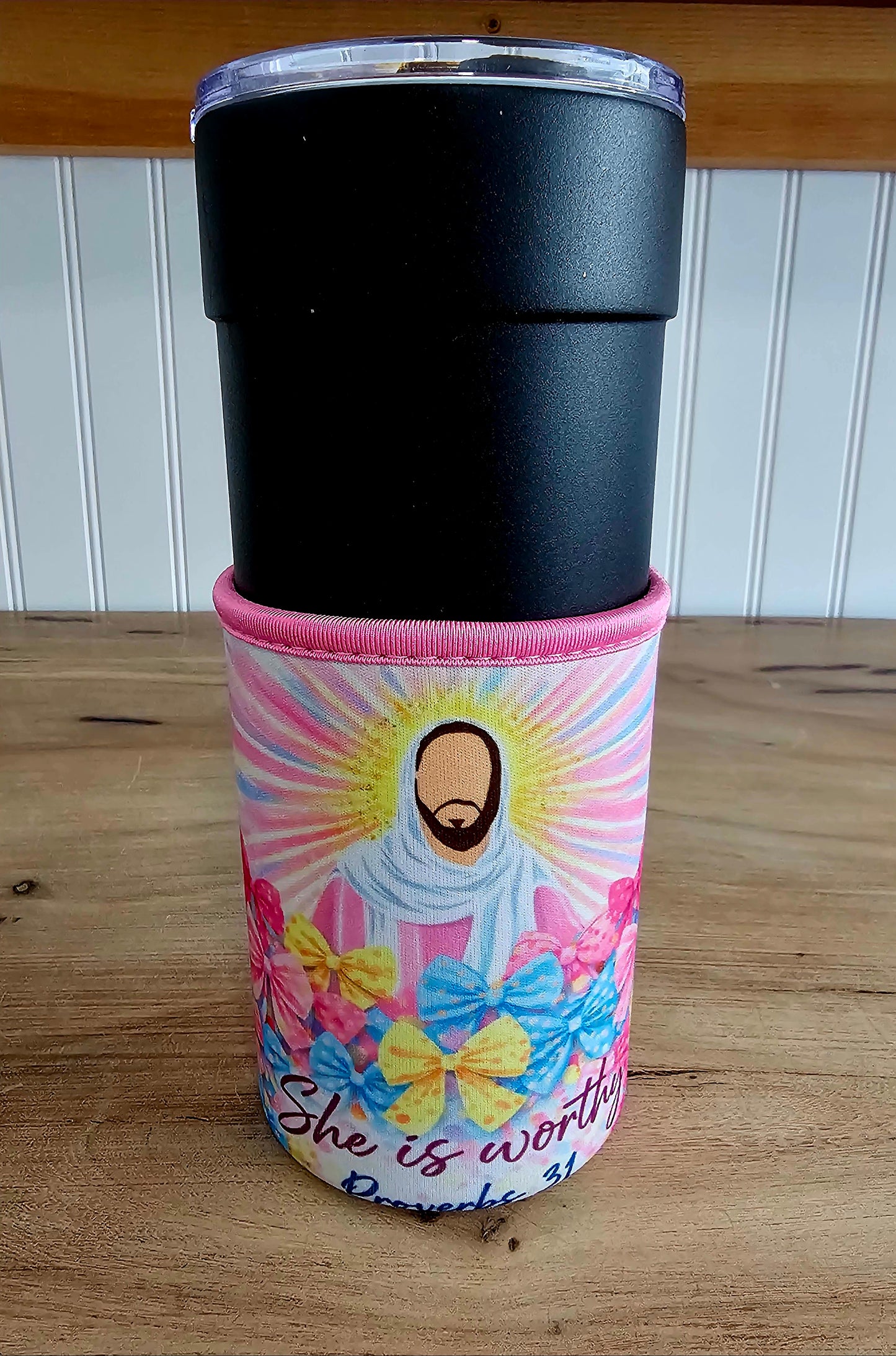 “She Is Worthy” Proverbs 31 Tumbler Koozie – Christian Bow Cup Sleeve for 30oz Tumblers, Faith-Based Gift for Women