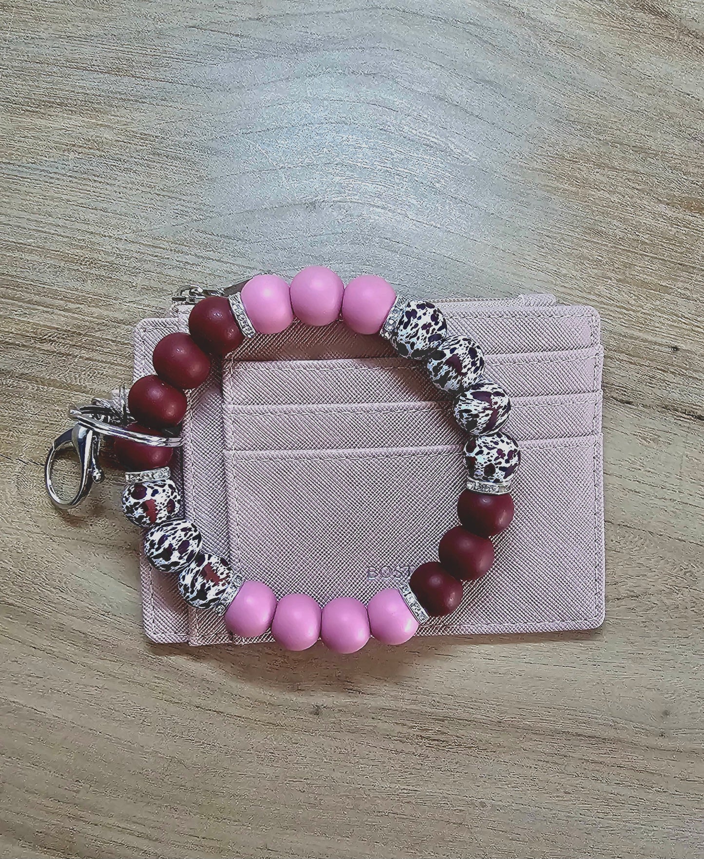 Pink & Burgundy Beaded Keychain Bracelet | Cow Print Accent Wristlet | Handmade Accessory