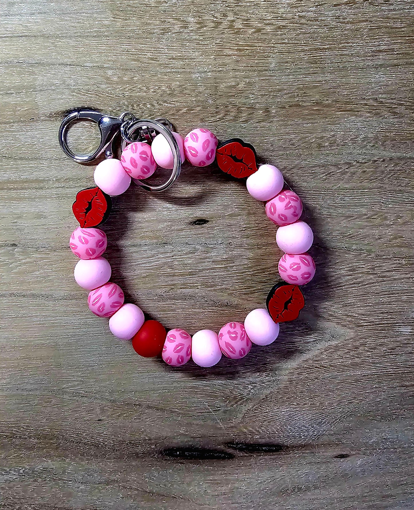 Kiss Me Pink Beaded Wristlet Keychain | Valentine Lips Charm | Handmade Silicone Keychain
