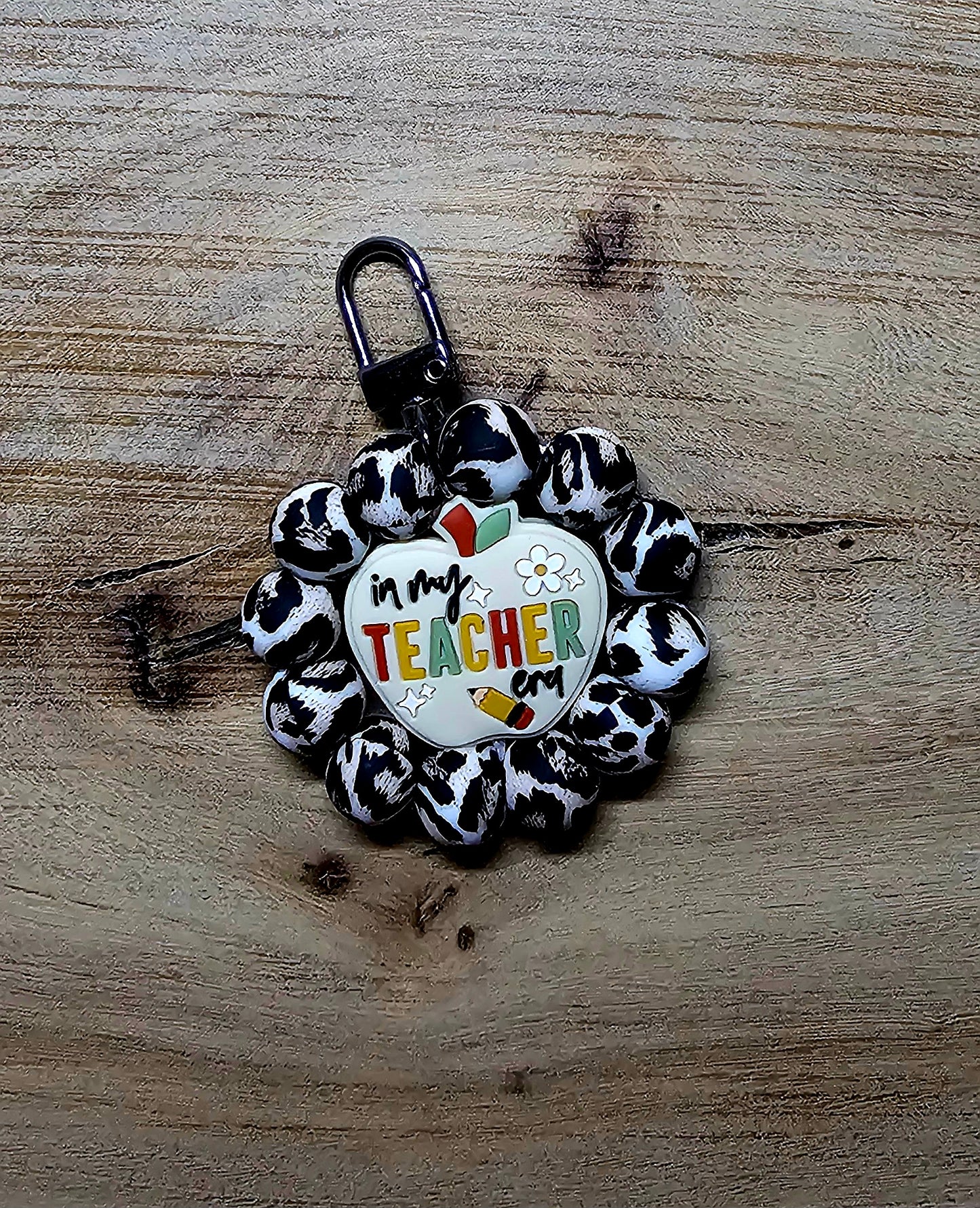 Round Teacher Bag Tag | Black & White Beaded Backpack Charm | Teacher Appreciation Gift