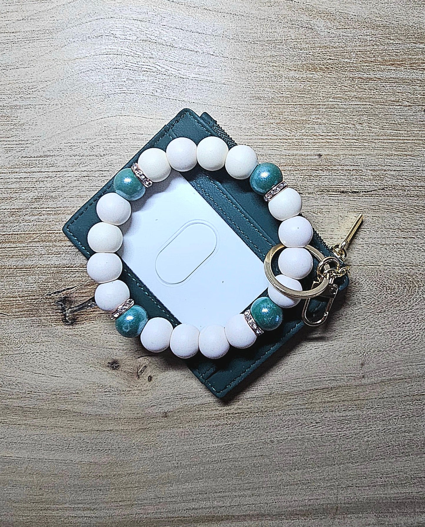 Emerald Beaded Wristlet Card Wallet | Handmade Stretch Bracelet Keychain