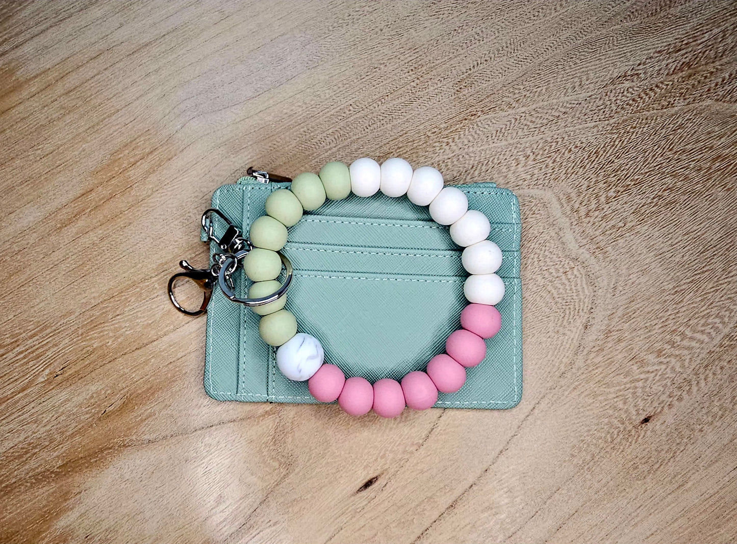 Sage, Blush & Cream Beaded Wristlet Keychain + Mint Card Holder Set