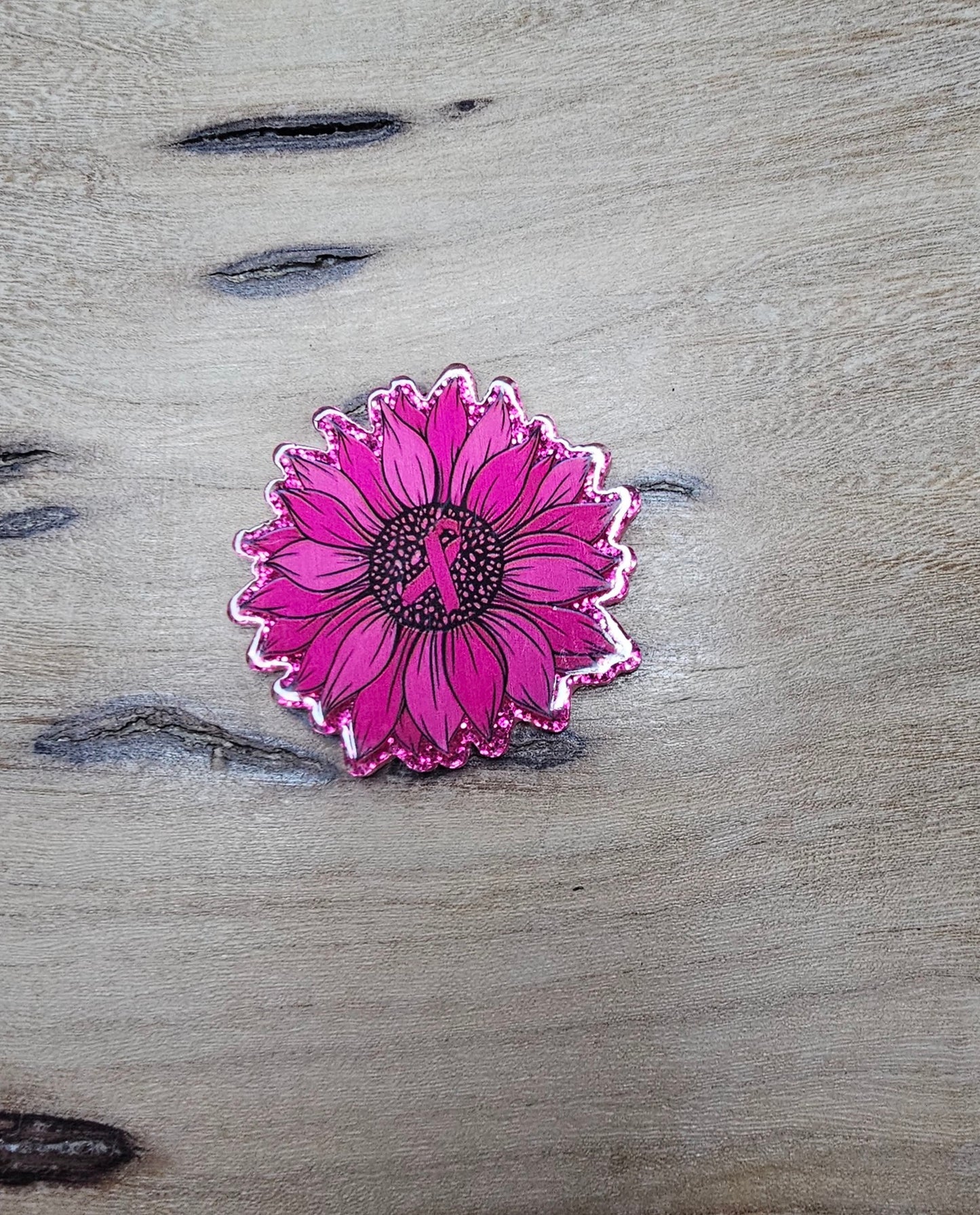 Pink Ribbon Flower Glitter Flatback Resin | Awareness Badge Reel & DIY Craft Embellishment