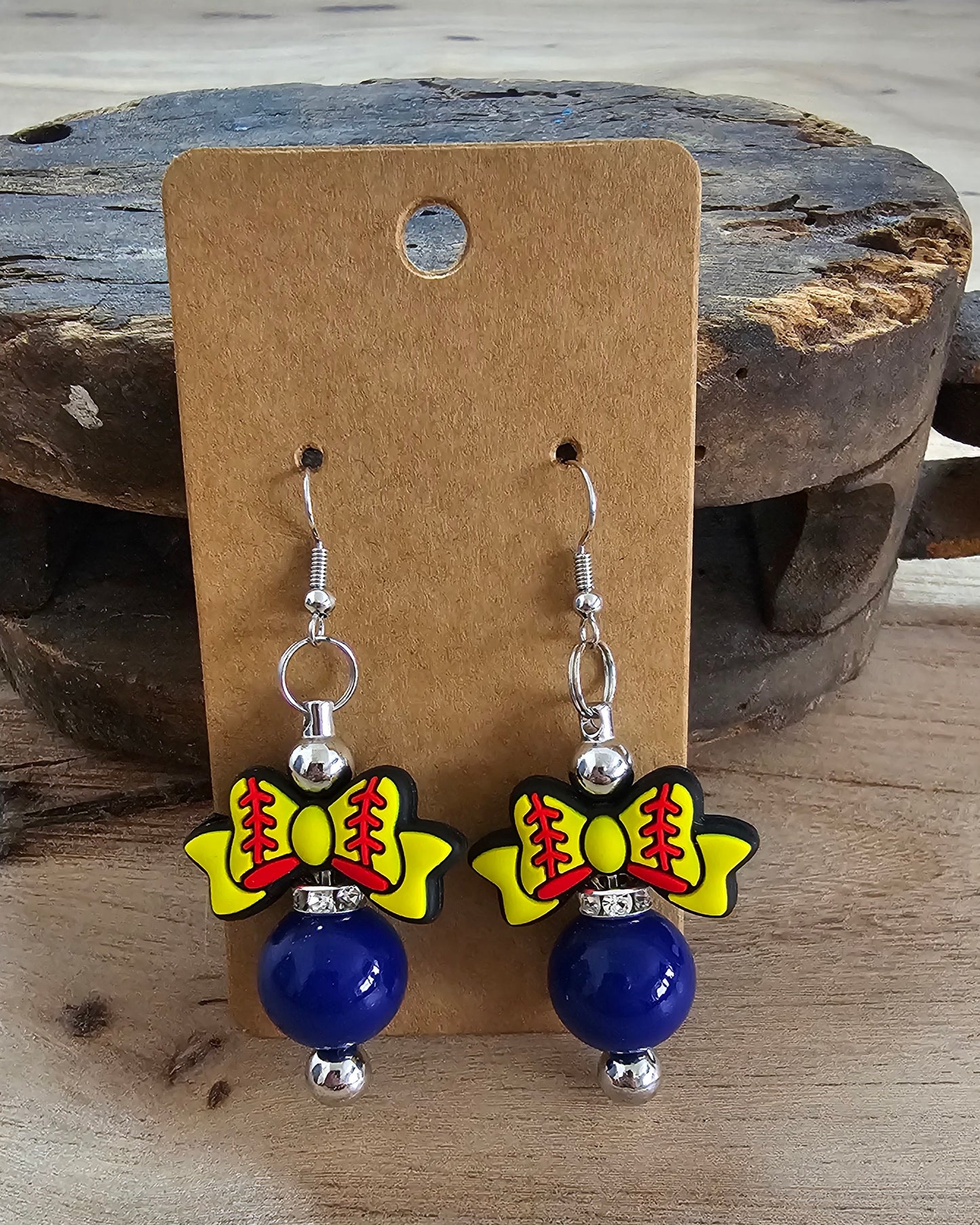 Softball Bow Beaded Earrings | Yellow Softball Stitch Bow Earrings | Handmade Sports Jewelry