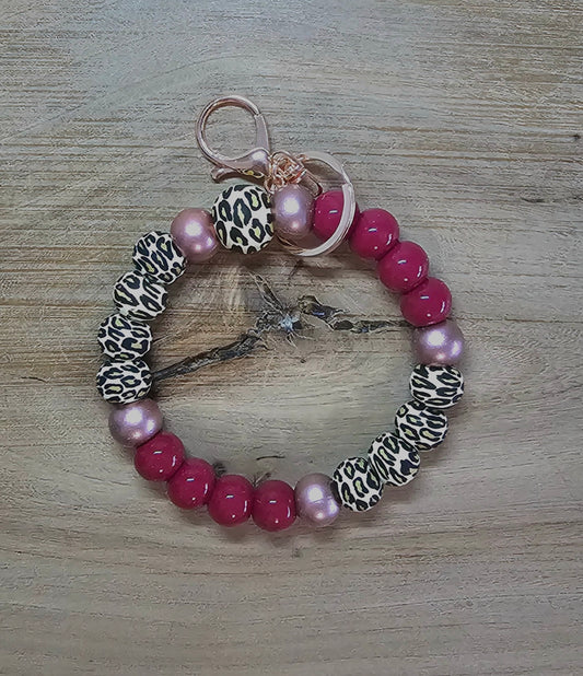 Leopard Print Beaded Wristlet Keychain – Cranberry & Rose Gold
