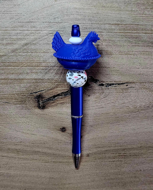 Cobalt Blue Vintage Hen on Nest Beaded Pen – Farmhouse Chicken Decor Inspired | Handmade Chicken Gift