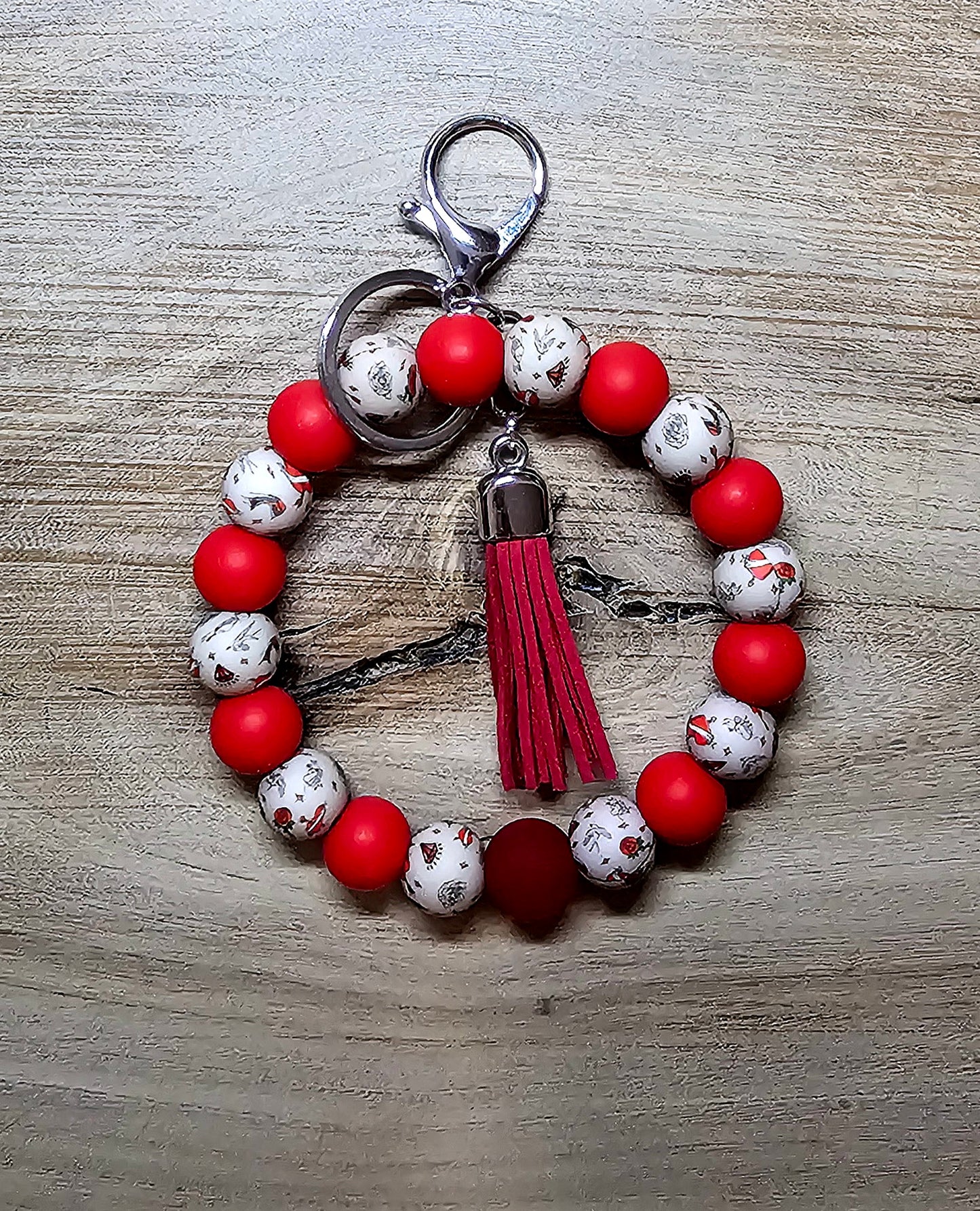 Tattooed Hearts Wristlet Keychain | Red Beaded Bracelet Keychain with Tassel | Handmade Meaningful Gift
