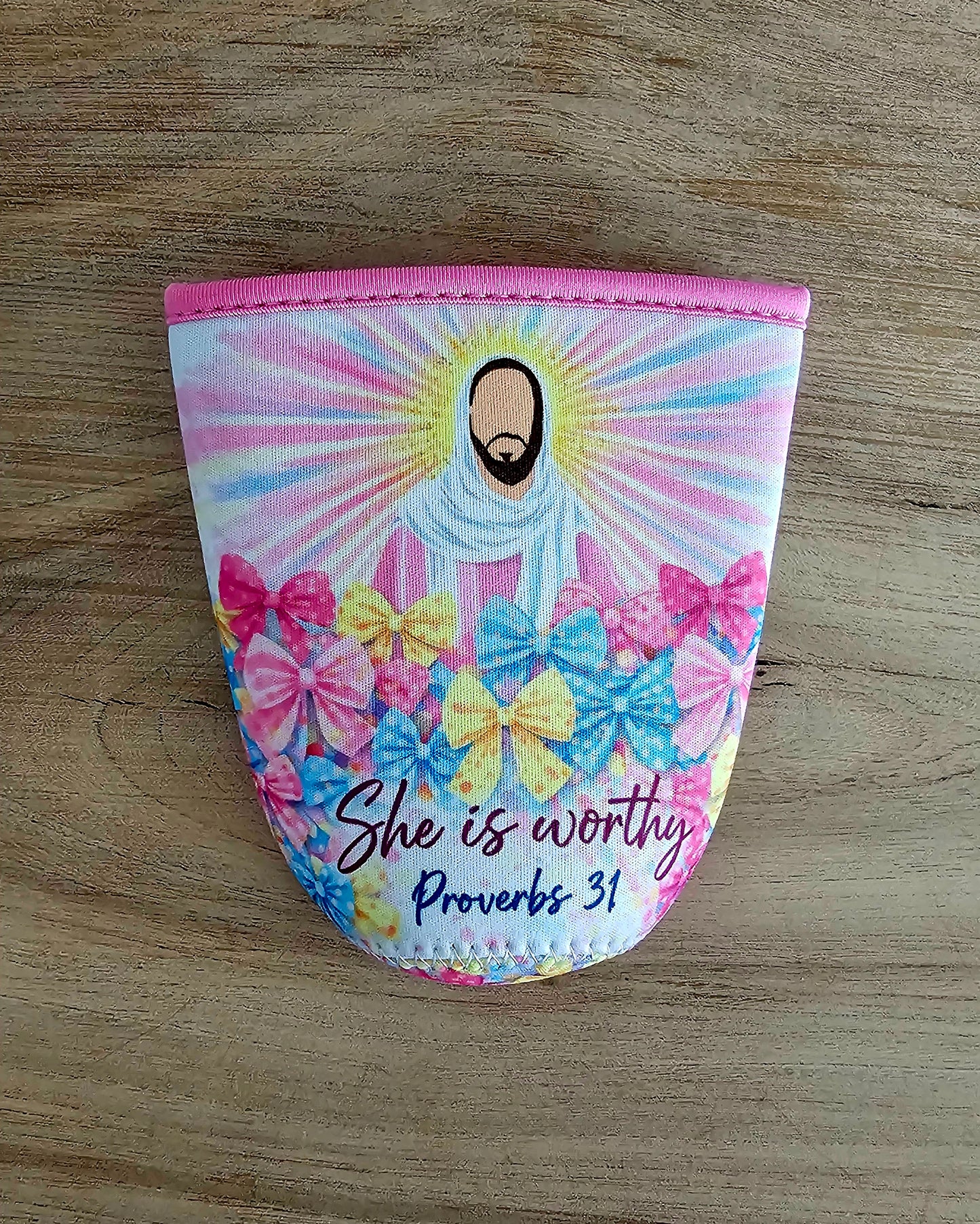 “She Is Worthy” Proverbs 31 Tumbler Koozie – Christian Bow Cup Sleeve for 30oz Tumblers, Faith-Based Gift for Women