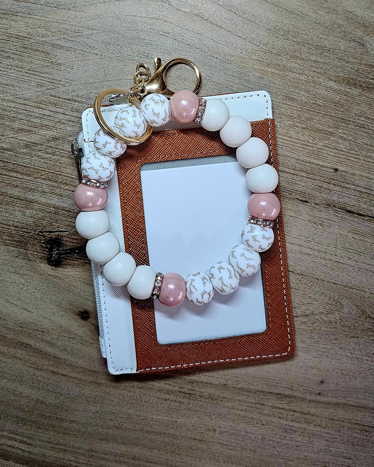 Blush & Ivory Beaded Wristlet with ID Wallet | Neutral Keychain Bracelet