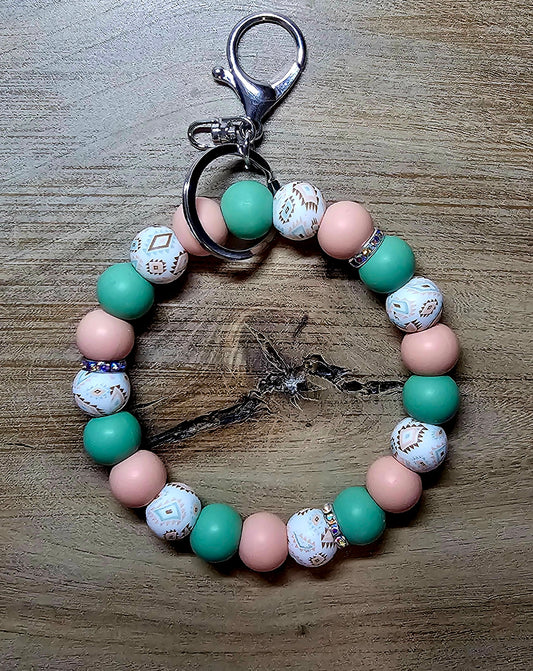 Boho Beaded Wristlet Keychain | Silicone Bracelet Key Ring | Southwestern Aztec Print | Pink Mint Teal Wristlet | Cute Keychain Gift for Women