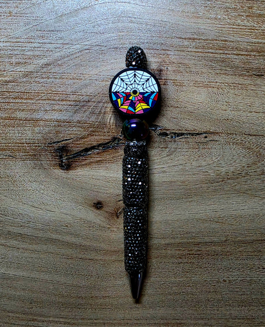 Rainbow Spiderweb Beaded Pen | Black Rhinestone Halloween Pen | Colorful Gothic Pen | Spooky Gift