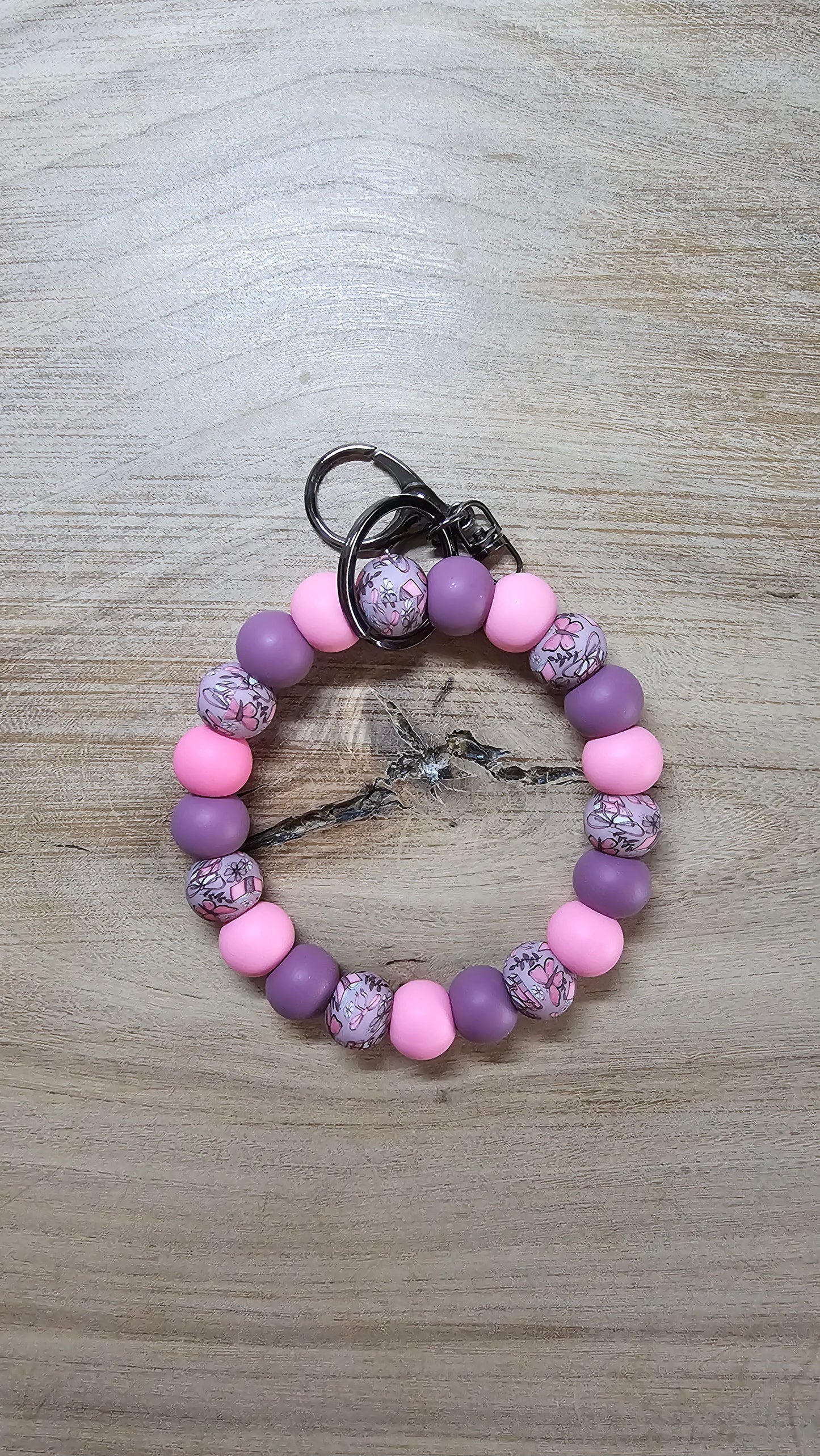 Books & Butterflies Silicone Bead Wristlet Keychain – Pink & Purple Beaded Keychain Bracelet