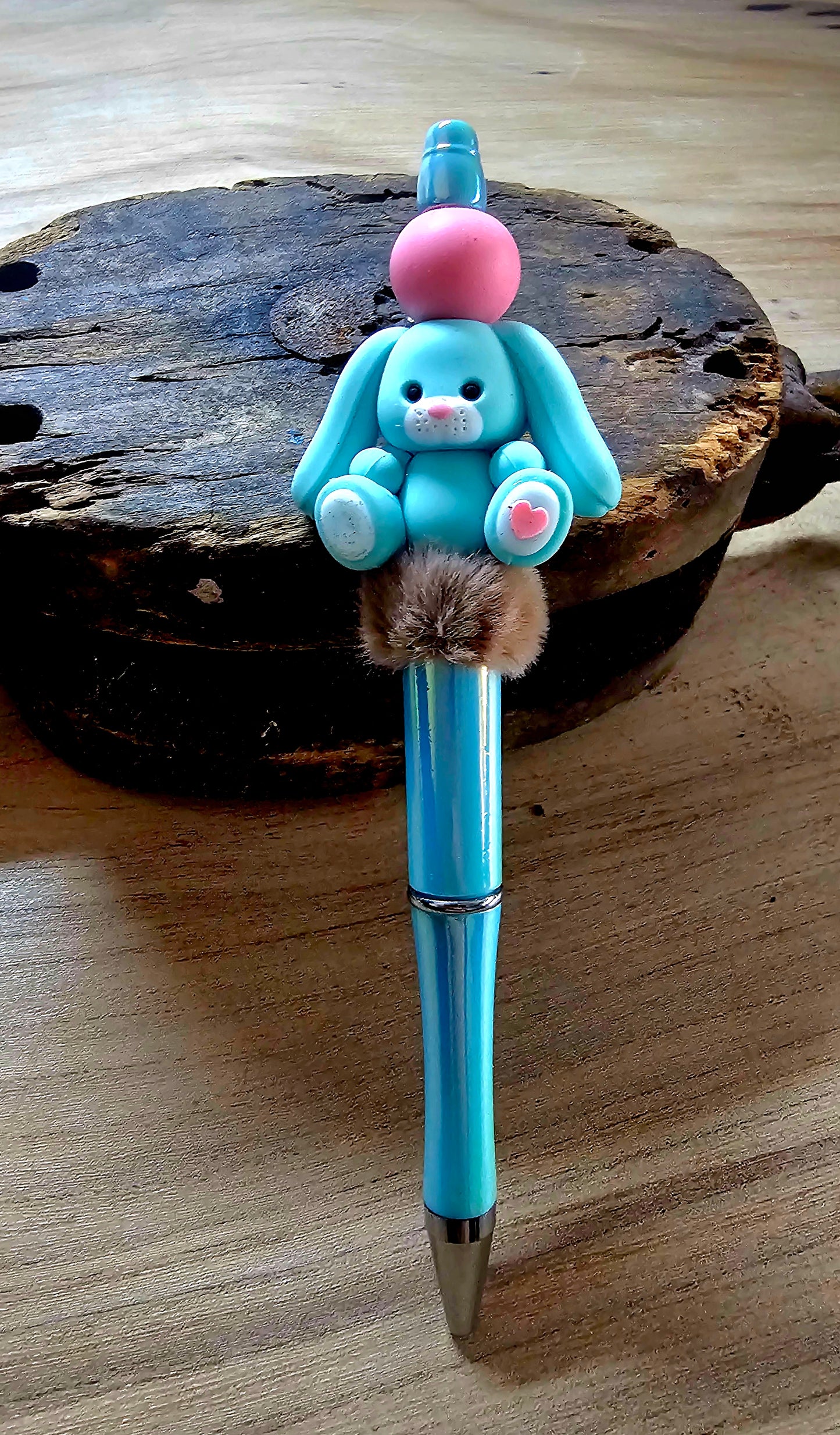 Blue Bunny Beaded Pen with Pom Pom | Cute Easter Bunny Pen | Silicone Bead Pen | Handmade Gift for Kids Women Teacher