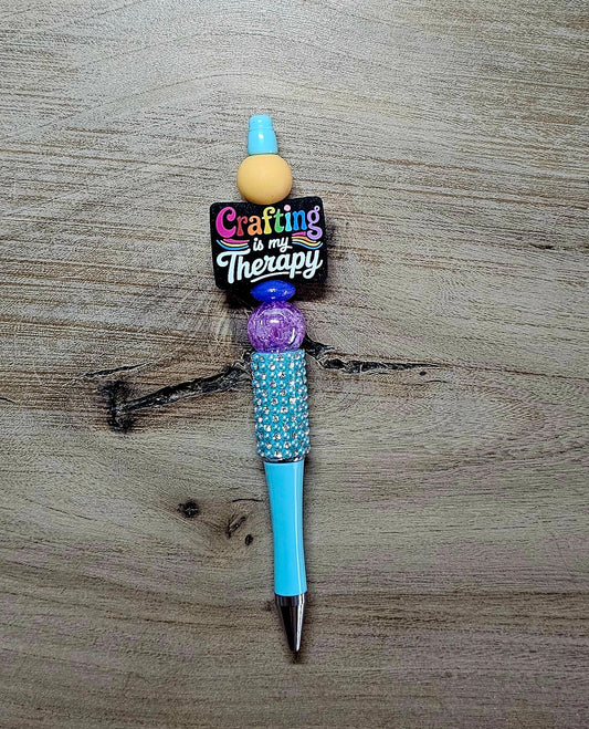 “Crafting Is My Therapy” Beaded Ink Pen | Handmade Rhinestone Pen | Gift for Crafters | Wick’d Pebble