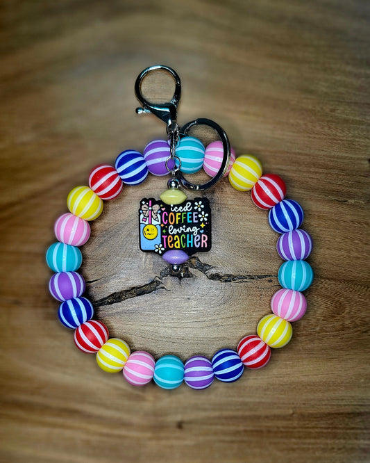 Iced Coffee Loving Teacher  Candy Stripe Wristlet Keychain