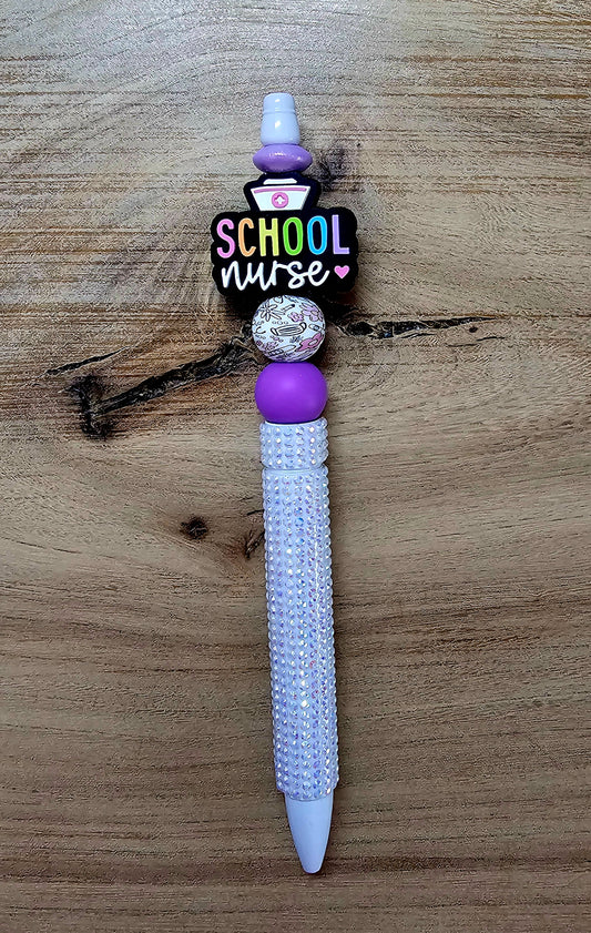 School Nurse Rhinestone Beaded Pen | Handmade Nurse Gift | Custom Glitter Ink Pen for Nurses & Medical Staff