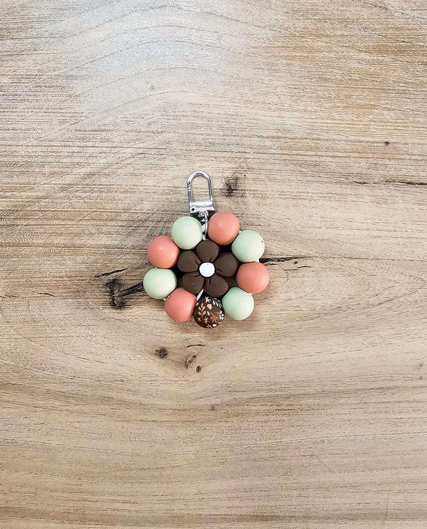 Boho Flower Beaded Keychain | Peach & Sage Silicone Charm | Neutral Floral Bag Tag | Spring Aesthetic Handmade Keychain Gift