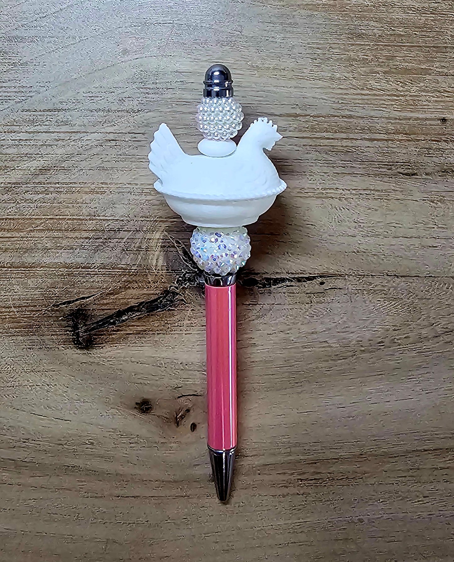 White Hen on Nest Beaded Pen – Vintage Chicken Candy Dish Inspired Farmhouse Desk Pen | Chicken Lover Gift