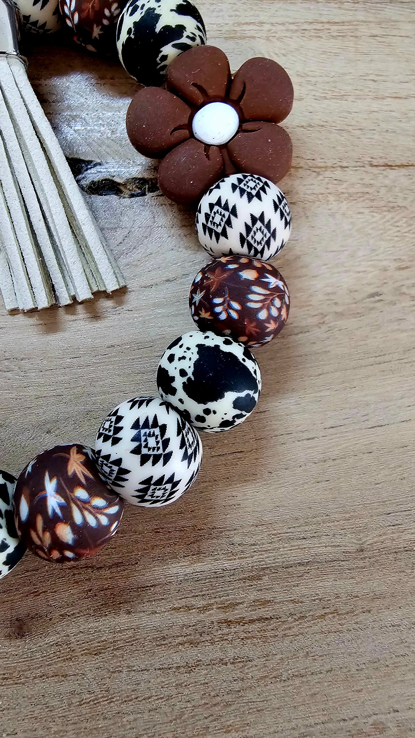 Western Cow Print Beaded Wristlet Keychain – Neutral Boho Bracelet Keychain with Tassel & Flower Charm | Handmade Wristlet Keychain Gift