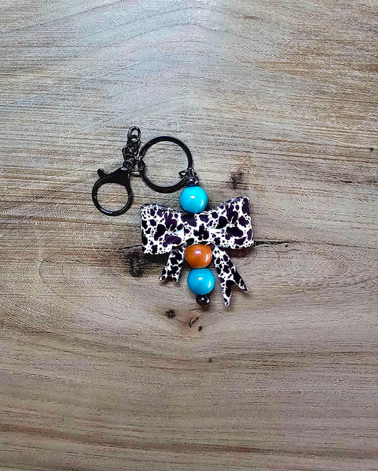 Cow Print Bow Keychain Charm – Western Turquoise Beaded Bag Accessory