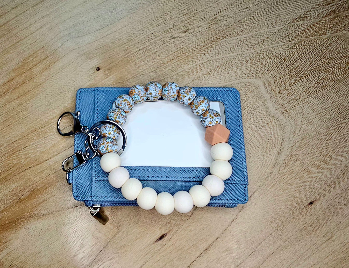 Blue Floral Beaded Wristlet Keychain + Card Holder Set