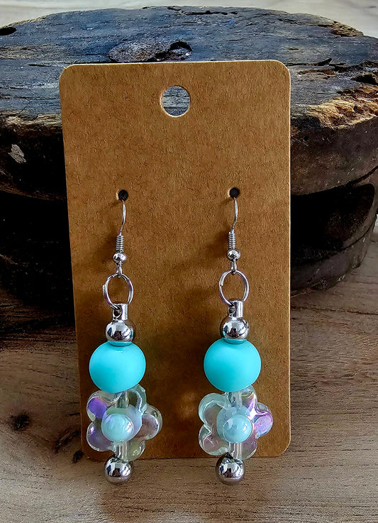 Turquoise Flower Beaded Earrings | Iridescent Floral Drop Earrings | Handmade Boutique Jewelry