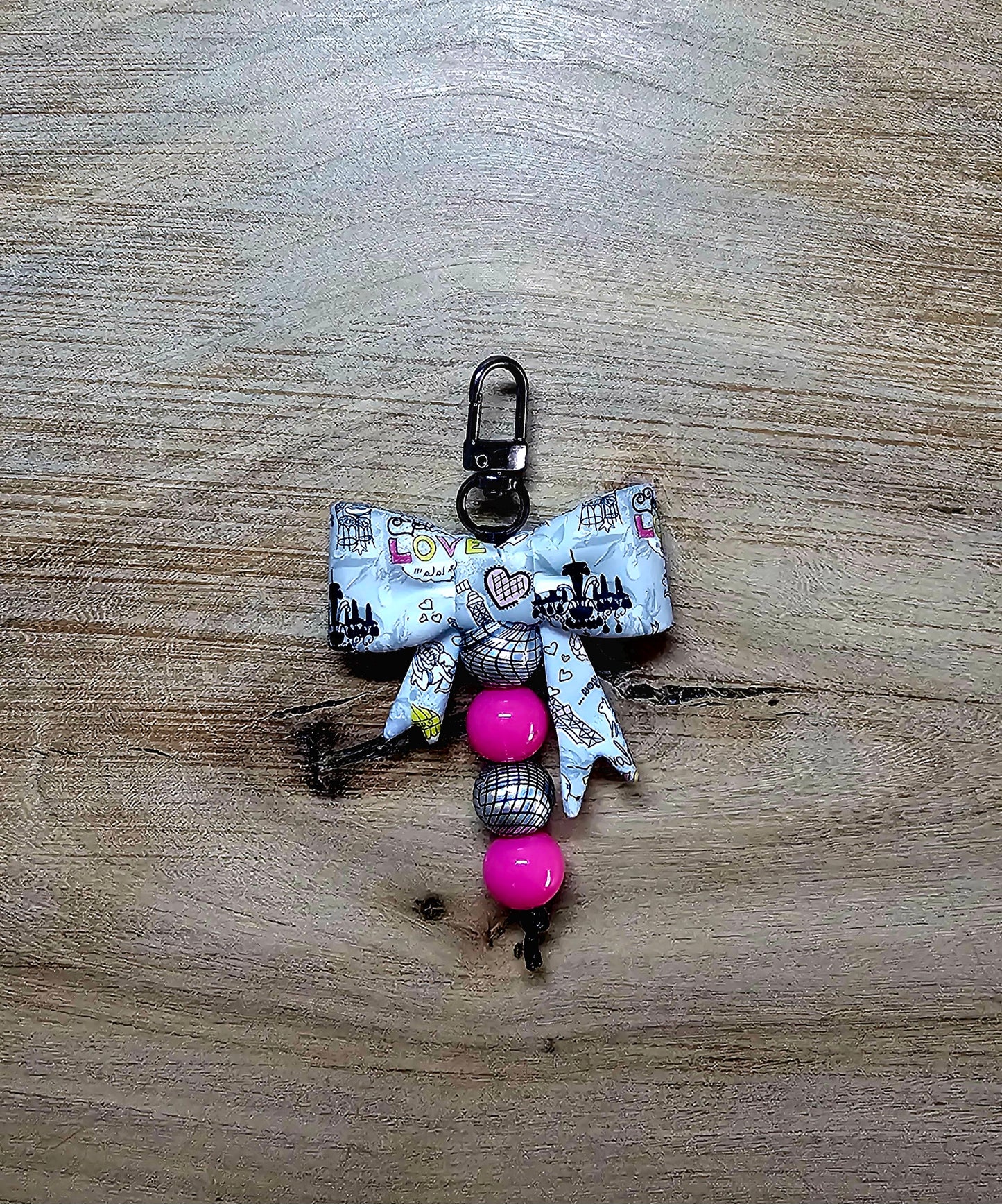 Parisian Disco Bow Beaded Keychain | French-Inspired Pink & Silver Bag Charm | Chic Gift for Her