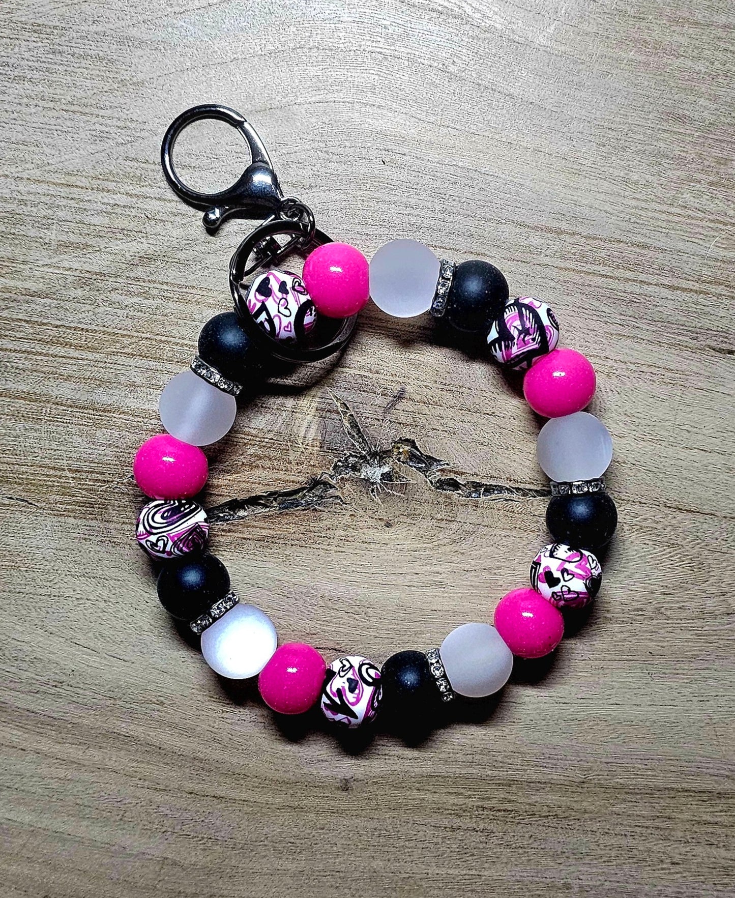 Hot Pink & Black Graffiti Heart Beaded Keychain Wristlet | Handmade Silicone Bracelet Keychain | Wick’d Pebble