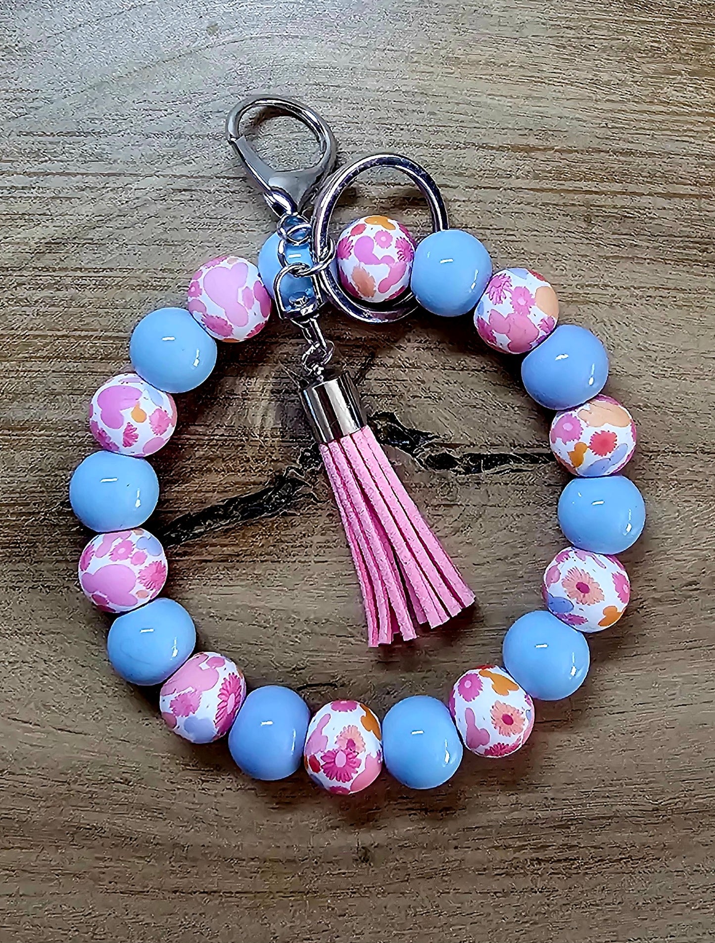 Mouse Ear Inspired Floral Silicone Bead Wristlet Keychain – Pink Tassel & Blue Beads