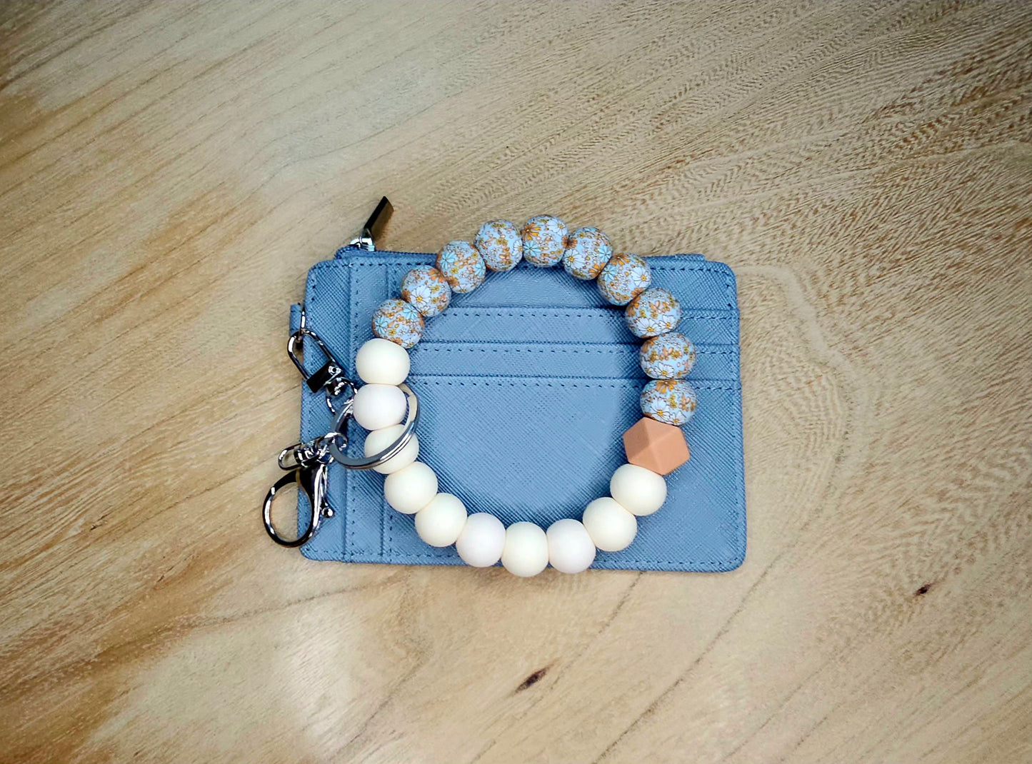 Blue Floral Beaded Wristlet Keychain + Card Holder Set