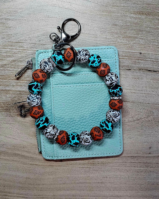 Boho Beaded Wristlet Keychain with Zipper Card Wallet – Turquoise & Rust