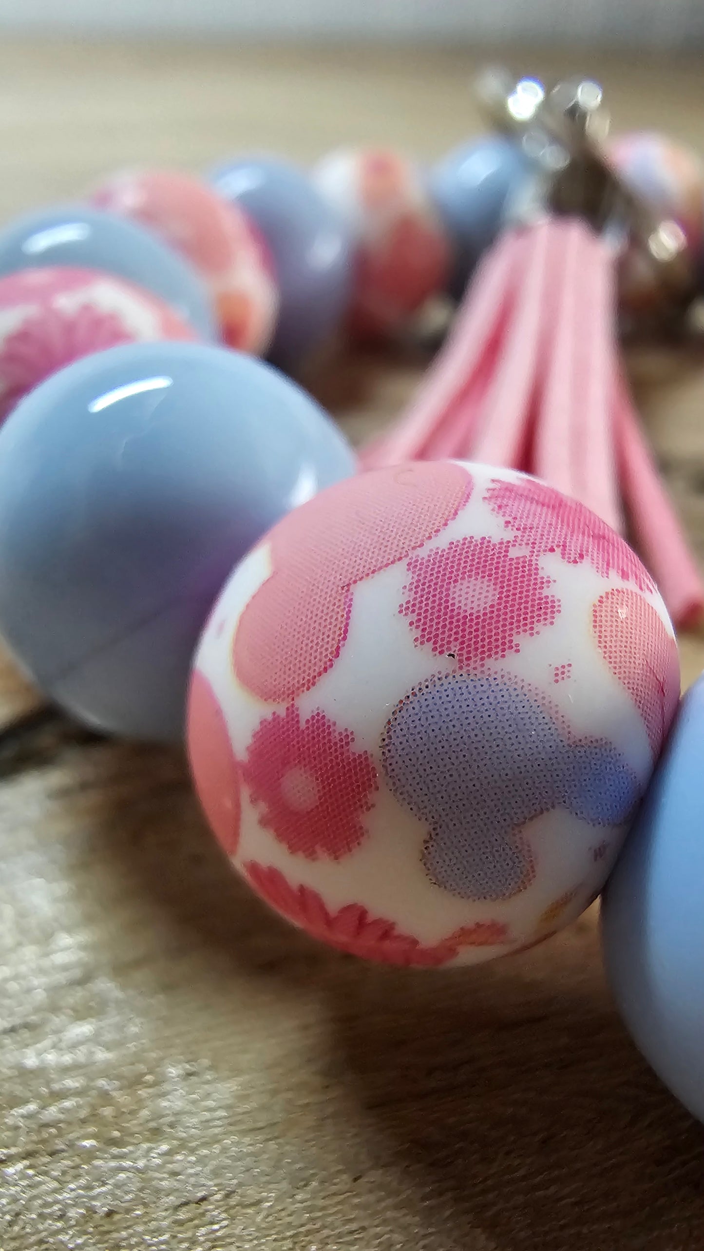 Mouse Ear Inspired Floral Silicone Bead Wristlet Keychain – Pink Tassel & Blue Beads