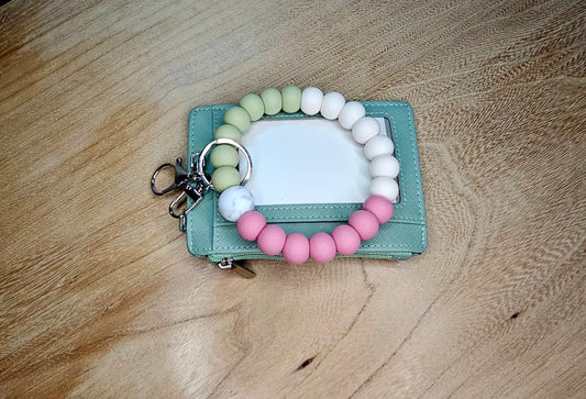 Sage, Blush & Cream Beaded Wristlet Keychain + Mint Card Holder Set