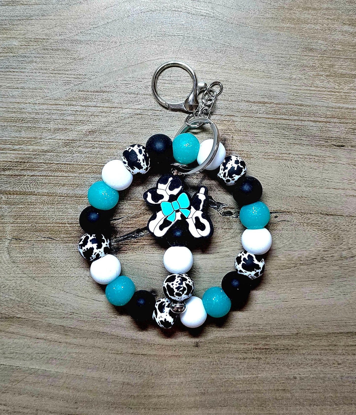 Cow Print Beadable Keychain | Handmade Black White & Turquoise Western Keychain with Balloon Dog Charm