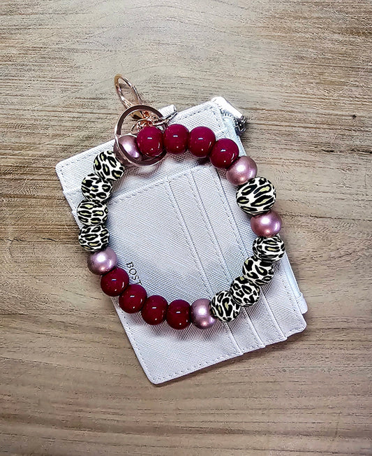 Leopard Beaded Wristlet Keychain with Card Wallet – Cranberry & Rose Gold