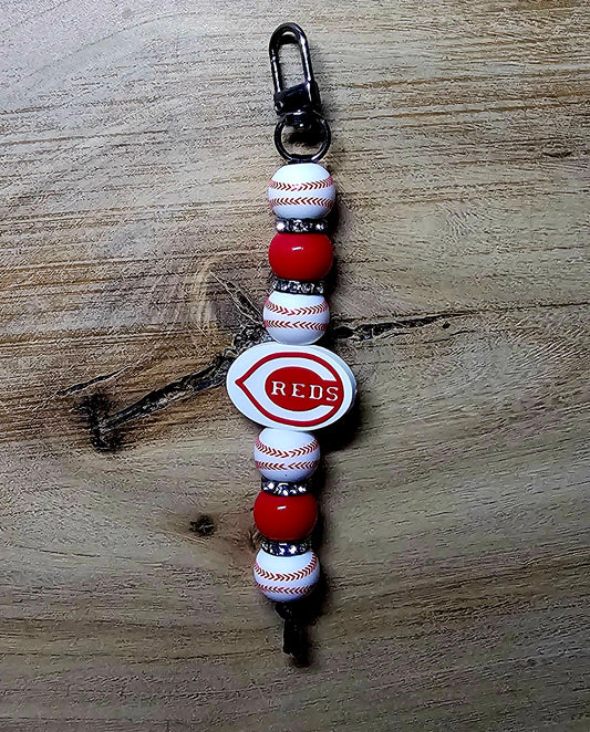 Baseball Inspired Red & White Beaded Keychain with Rhinestone Accents | Sports Fan Bag Tag | Handmade Clip Accessory