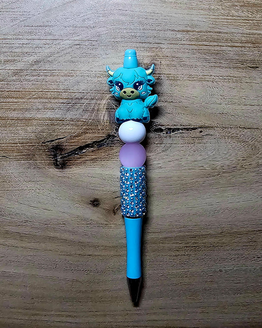 Blue Highland Cow Beaded Pen – Cute Cow Silicone Bead Pen – Western Cow Pen – Beadable Ink Pen – Teacher Gift – Cow Lover Gift – Cute Office Supplies – Wick’d Pebble Pen