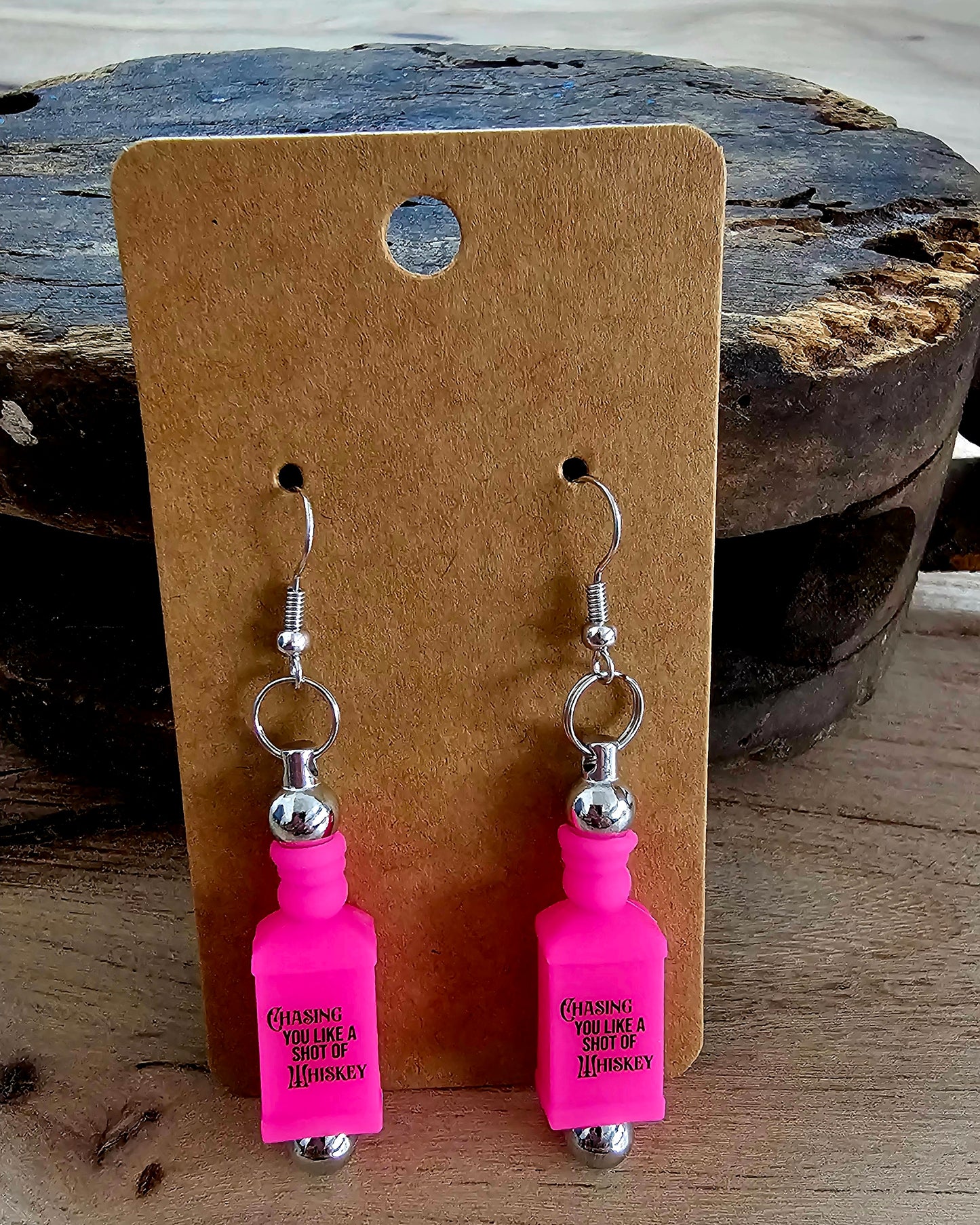 “Chasing You Like a Shot of Whiskey” Pink Bottle Earrings | Parisian-Inspired Statement Earrings