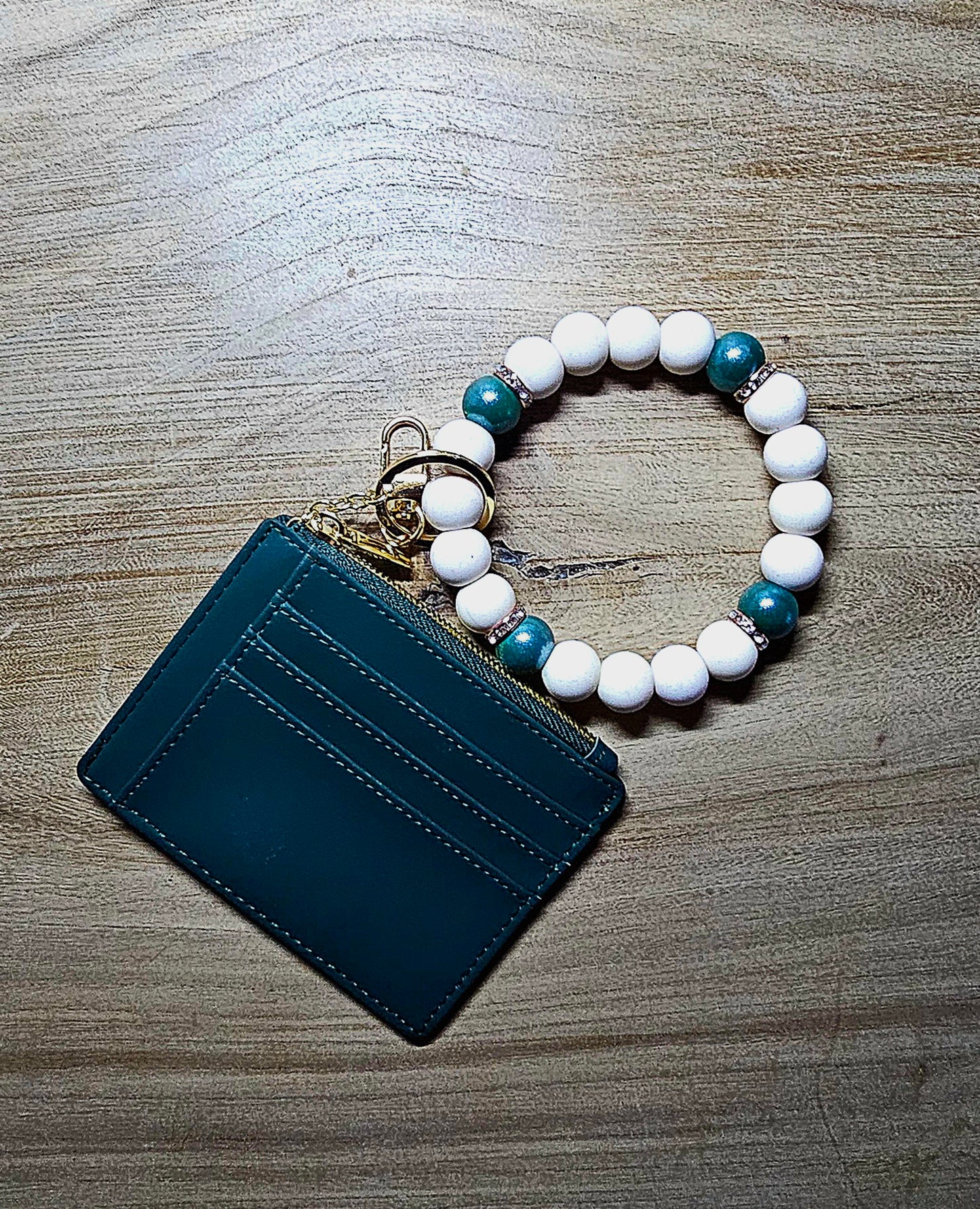 Emerald Beaded Wristlet Card Wallet | Handmade Stretch Bracelet Keychain