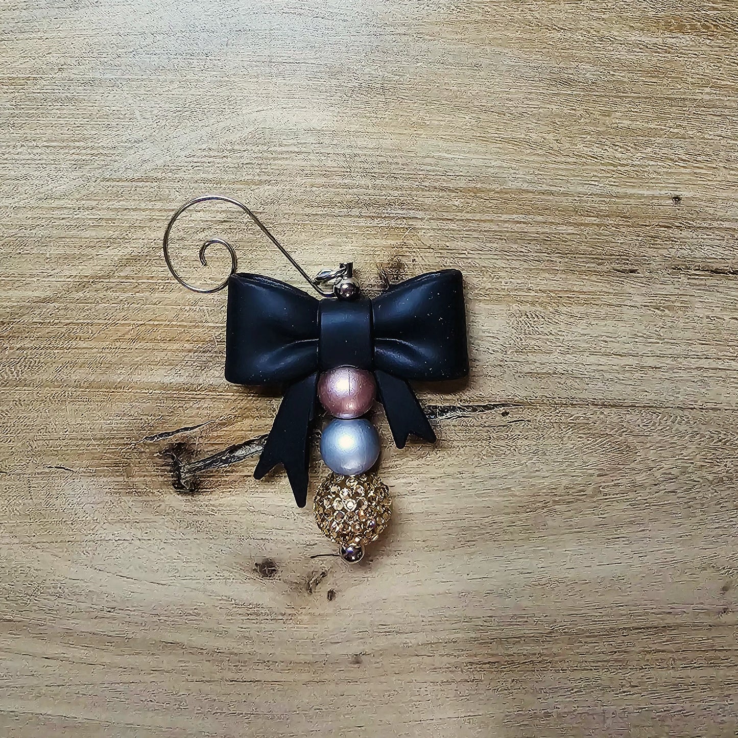 Luxe Silicone Bow Christmas Ornament with Bronze, Champagne & Pearl Beads