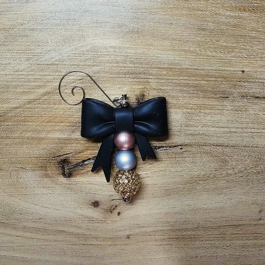 Luxe Silicone Bow Christmas Ornament with Bronze, Champagne & Pearl Beads