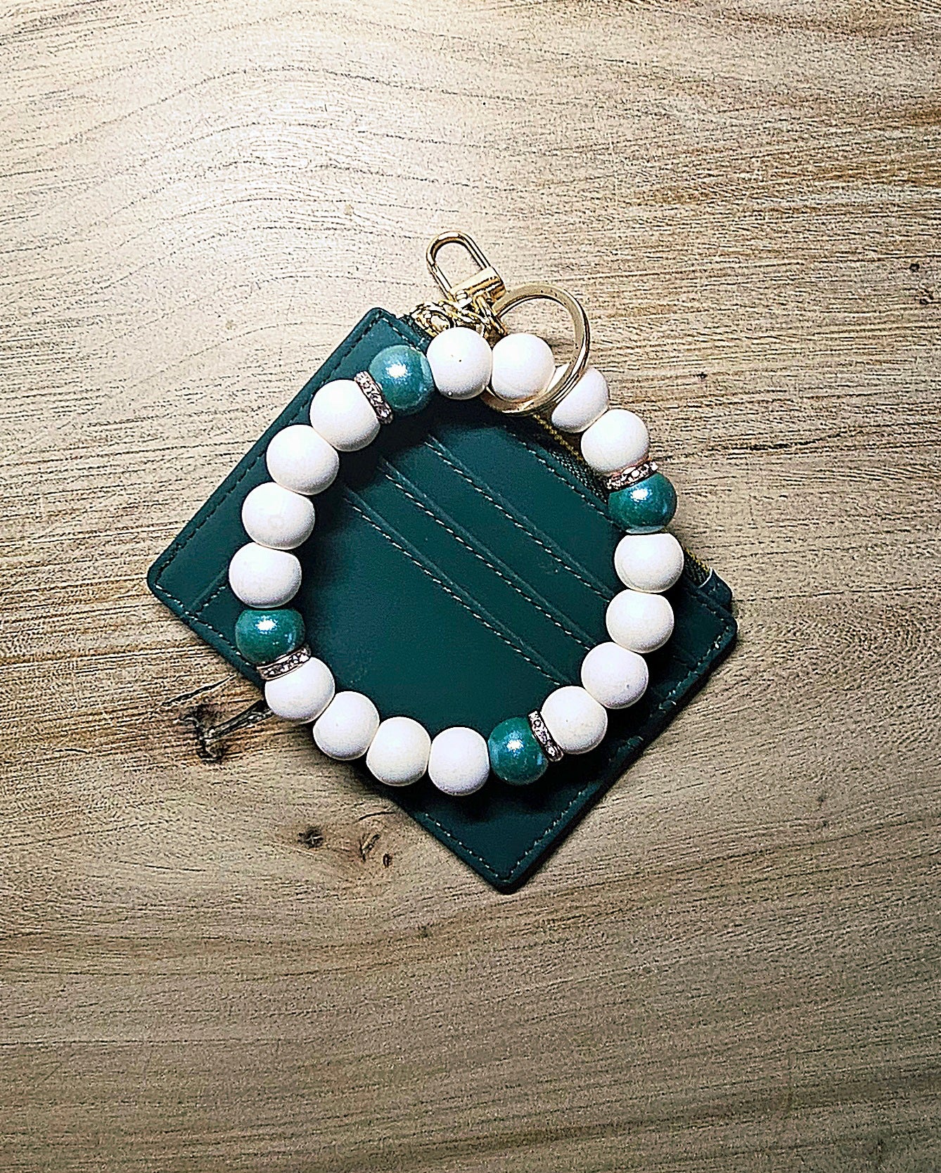 Emerald Beaded Wristlet Card Wallet | Handmade Stretch Bracelet Keychain