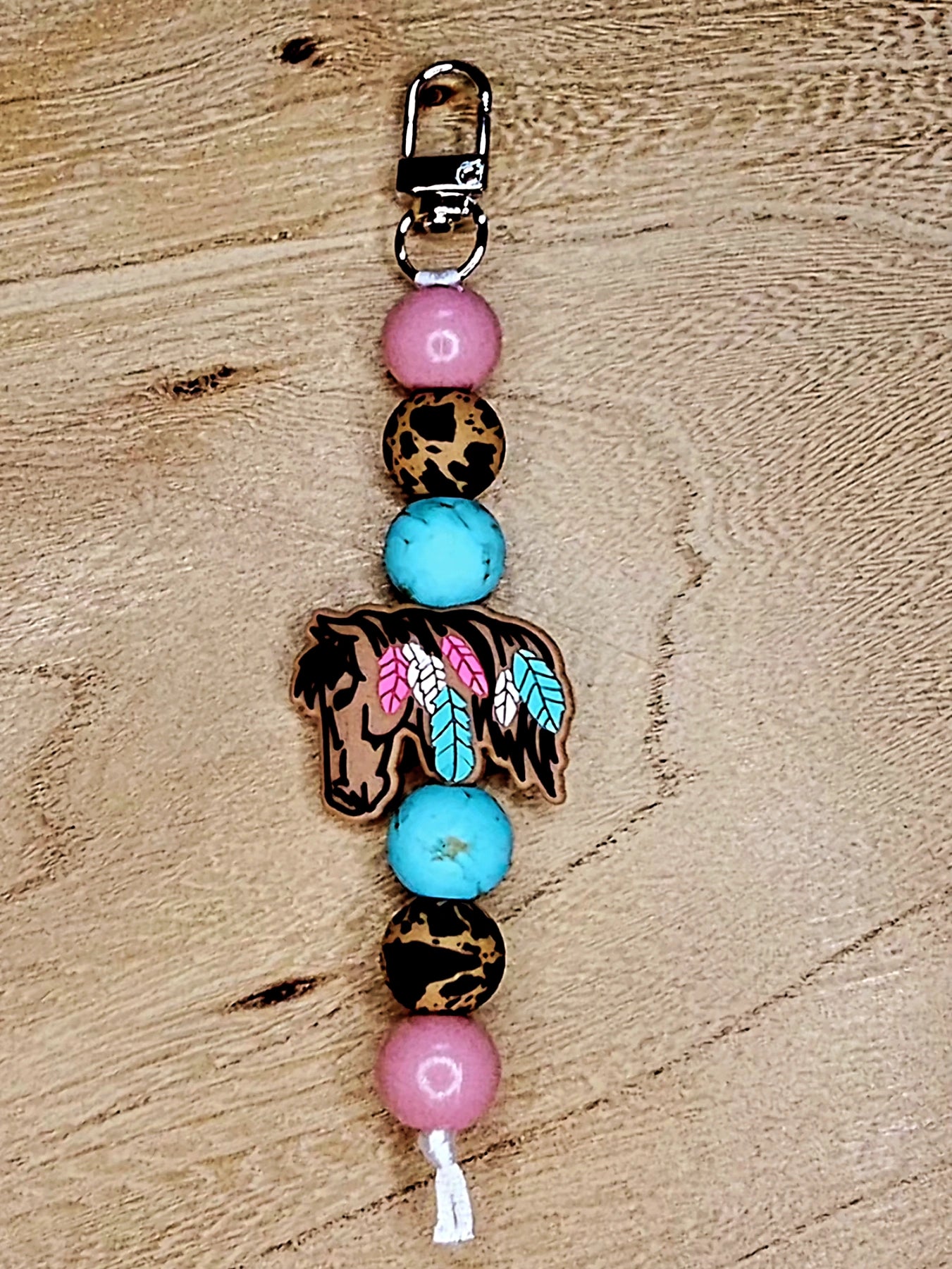 Boho Horse Beadable Keychain – Pink, Turquoise & Rawhide