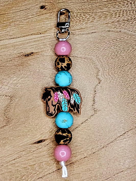Boho Horse Beadable Keychain – Pink, Turquoise & Rawhide