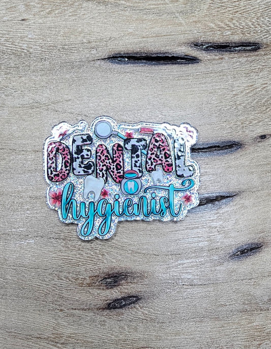 Dental Hygienist Flatback – Glitter Leopard Dental Resin Badge Reel Topper