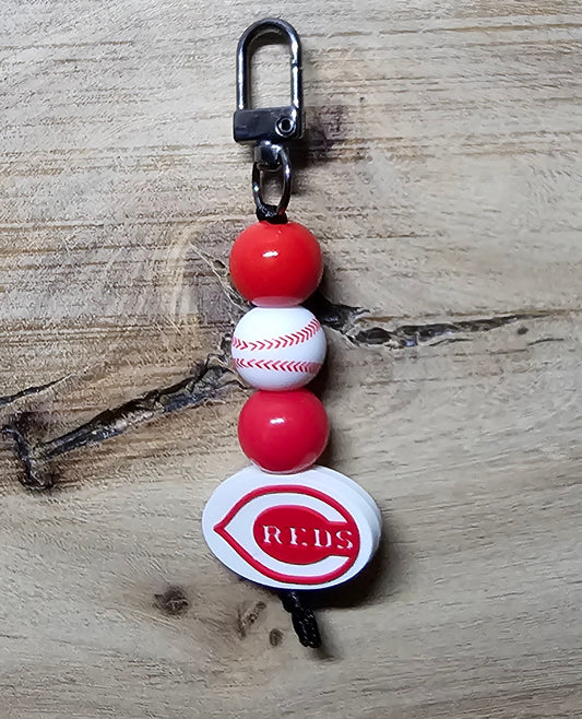 Mini Baseball Inspired Red & White Beaded Keychain | Small Sports Fan Bag Tag | Handmade Clip Accessory