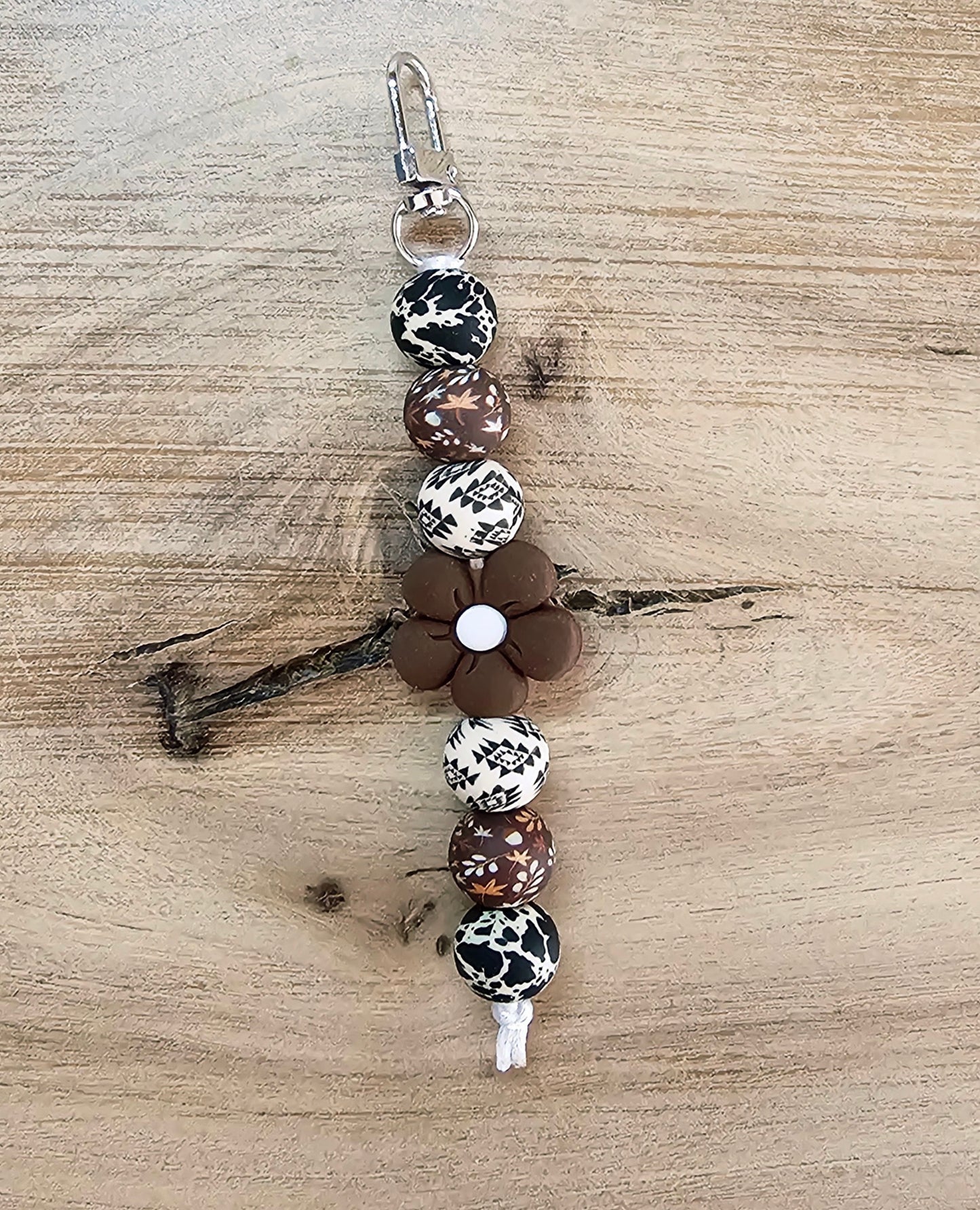 Brown Boho Flower Beaded Keychain | Neutral Western Silicone Wristlet Charm | Cow Print Aztec Bead Bag Tag | Rustic Handmade Gift