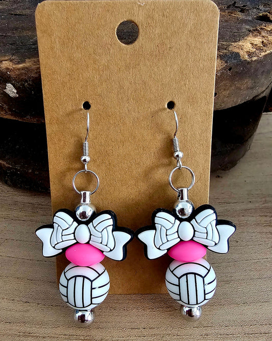 Pink Volleyball Bow Dangle Earrings | Volleyball Mom Jewelry | Hot Pink Sports Earrings | Game Day Accessories for Volleyball Players